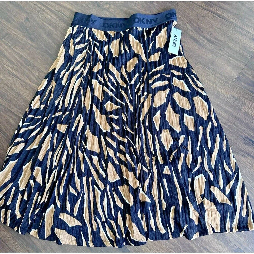 DKNY Women's Pull-On Printed Pleated Midi Skirt Black Brown L - Picture 6 of 10